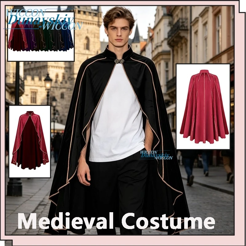 

Medieval Suede Cape Cosplay Costume Stand Collar With Gold Trim Adult Cloak For Halloween Cosplay
