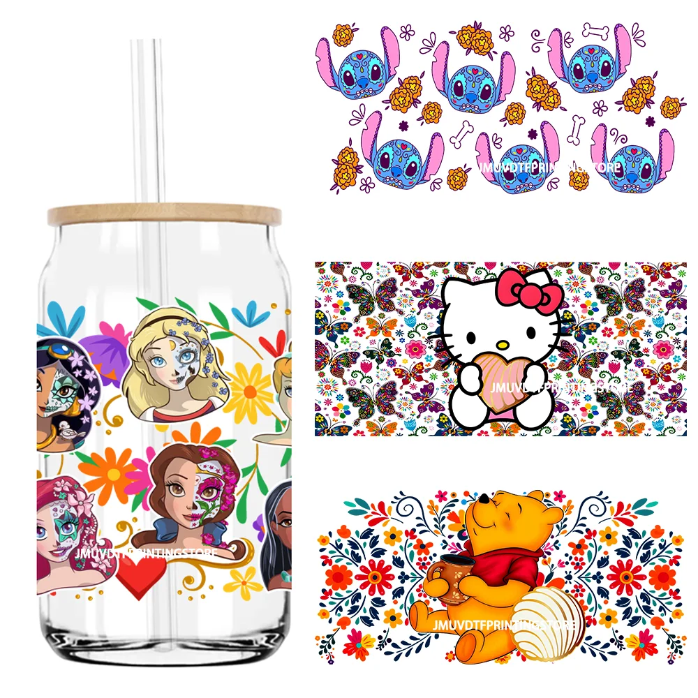 

Mexican Culture Cartoon Princess 16OZ UV DTF Cup Wrap Transfers Stickers Custom Label DIY Waterproof Logo For Libbey Glass Can