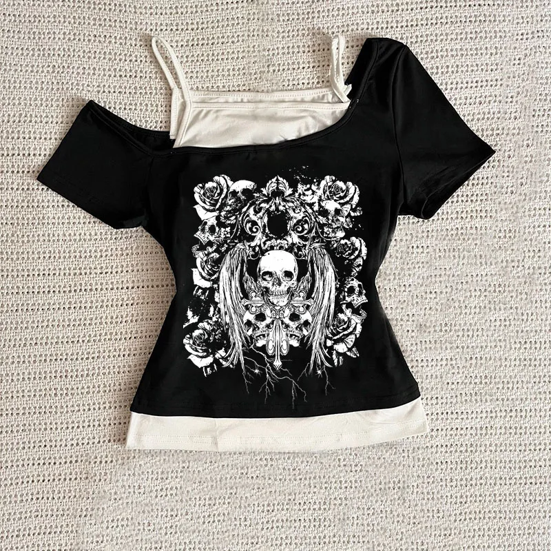Retro gothic Fake Two-piece Printed T-shirt Women summer Y2K Streetwear Hot Girl Slim Off Shoulder Millennium Harajuku Casual