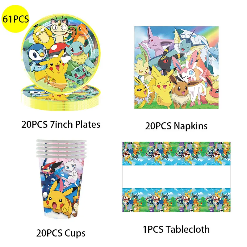 Pokemon Party Birthday Decoration Happy Pokemon Go Theme Tableware Set Cups Plates Pikachu Balloons Banner Supplies Kids Favors