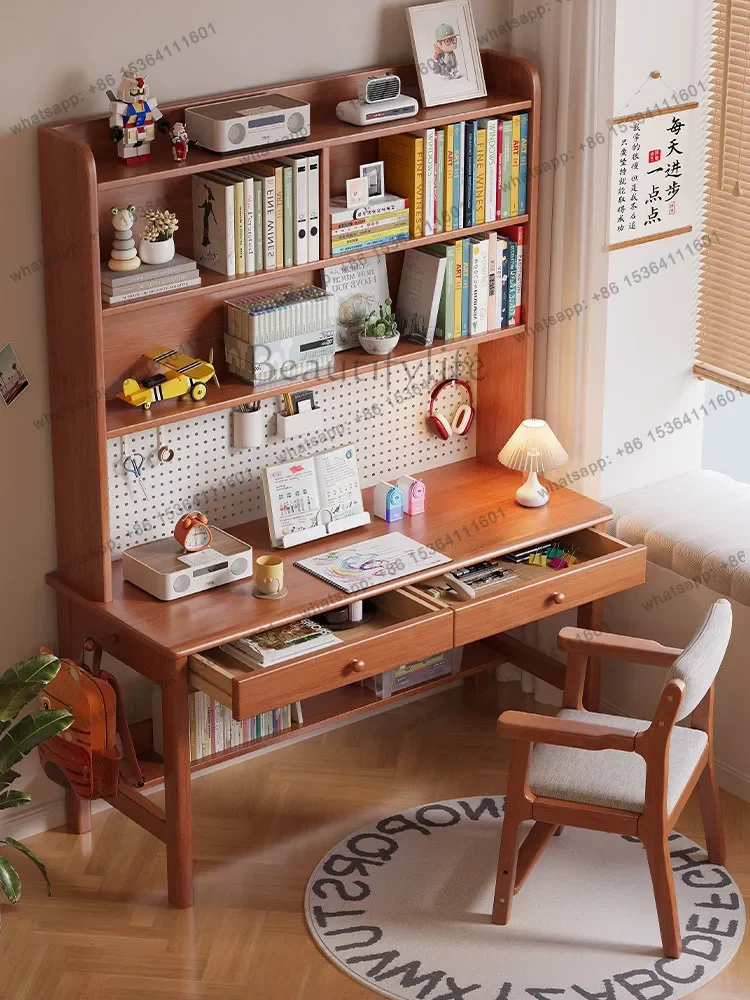 yj7 Solid wood desk, bookshelf, integrated bedroom, household perforated board computer desk, student study table, small apartme