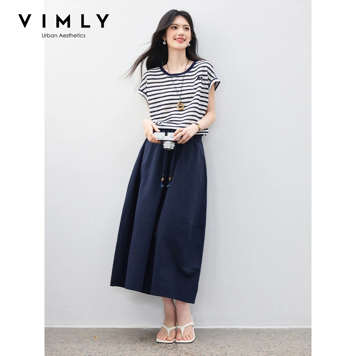 

VIMLY Women's Summer Suit 2026 New Commuter Striped Short Sleeve T-shirt Skirt Two-piece Set Lazy Casual Female Clothing 30896