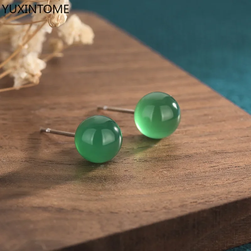 

925 Sterling Silver Ear Needle Jade Retro Simple Niche Green Agate Natural Chalcedony Earrings For Women Fashion Jewelry Gifts