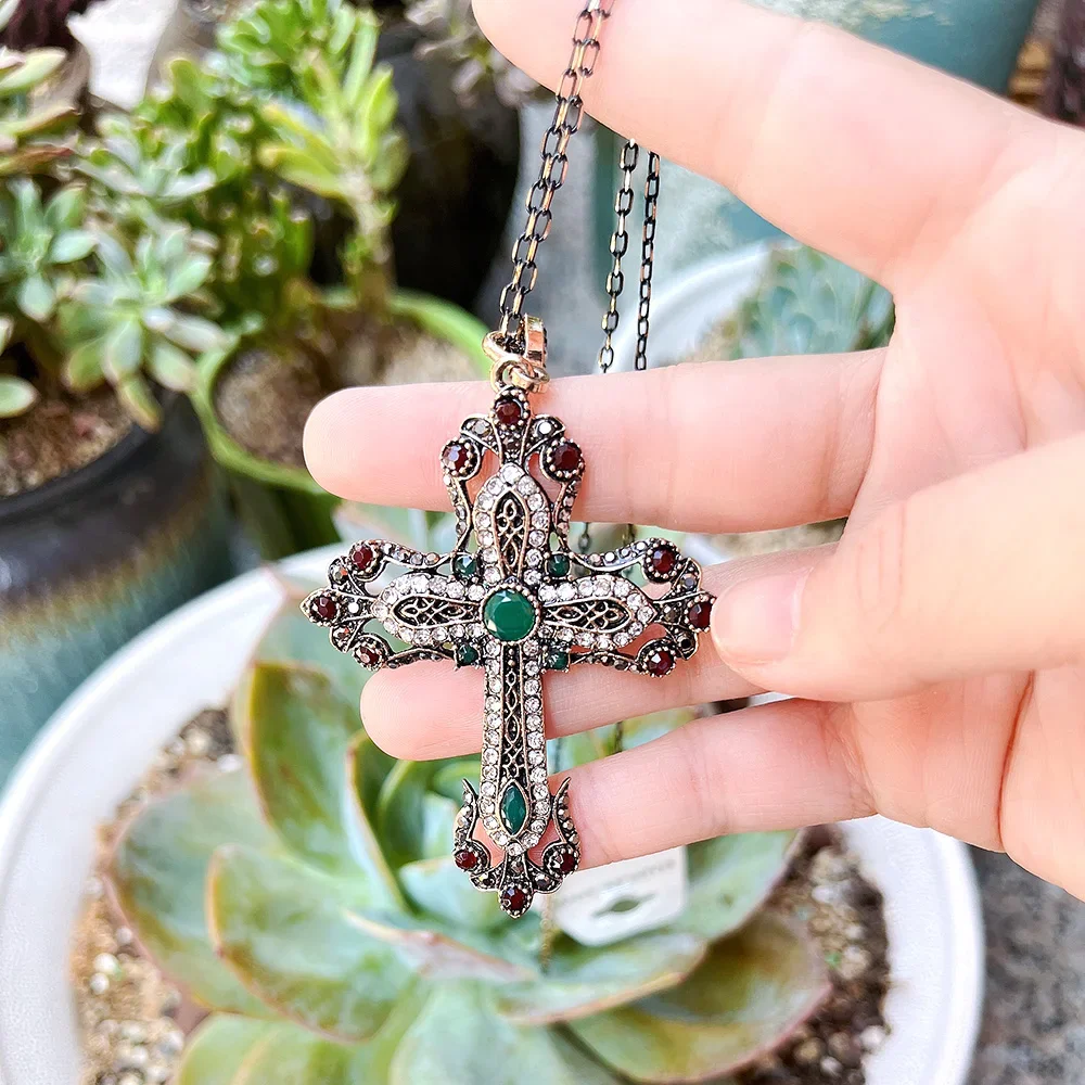 Sunspicems Vintage Flower Cross Necklace For Women Religious Jewelry Antique Gold Color Turkish Cross Pendant Necklace