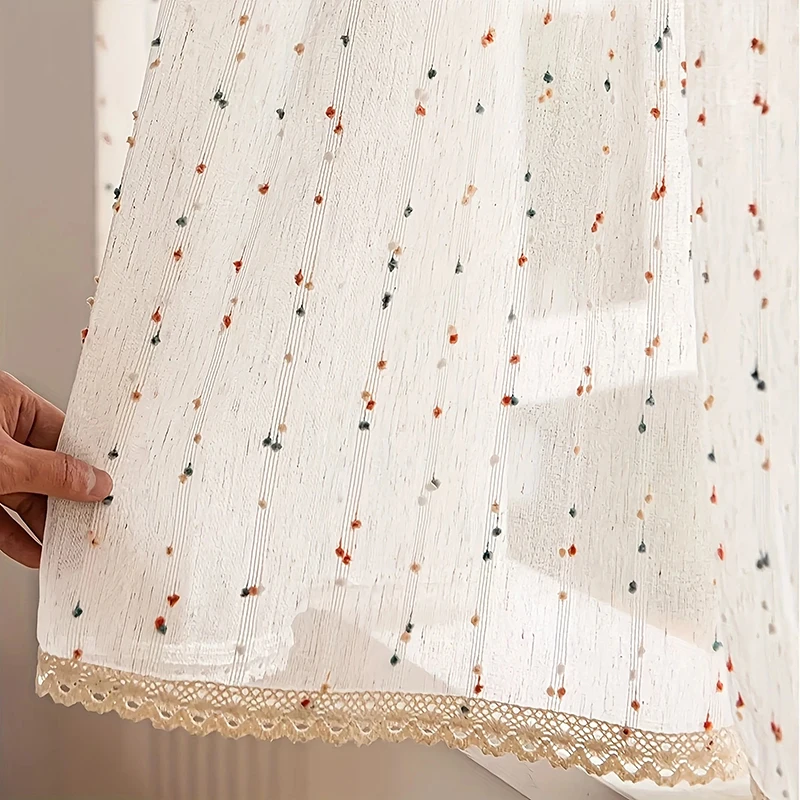 

French Romantic Rainbow Hairball Embroidery Striped Short Curtain with Hollowed Crochet Lace Hem For Kitchen Living Room Bedroom