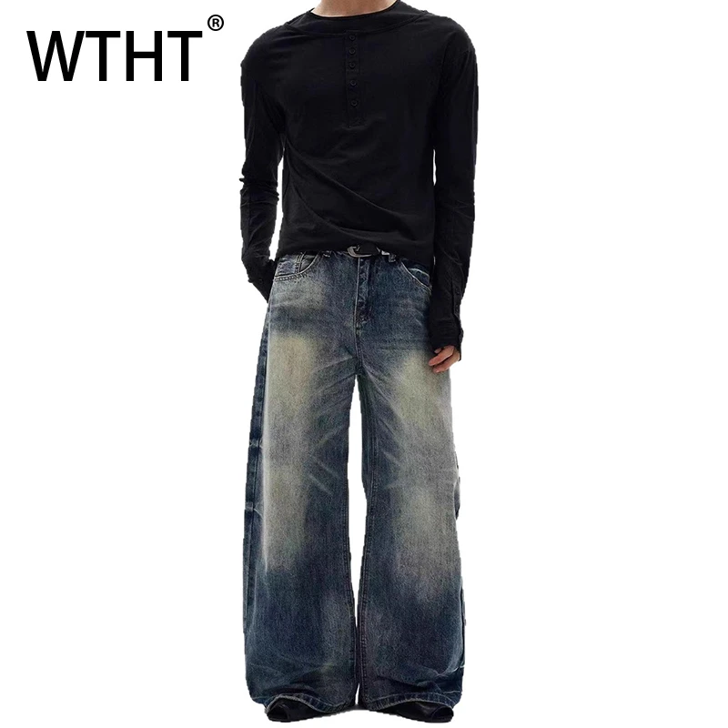 

WTHT Fashion 2026 Summer Men's Gradient Do Old High Street Denim Pants Vintage American Style Straight Loose Jeans Male 2A2994