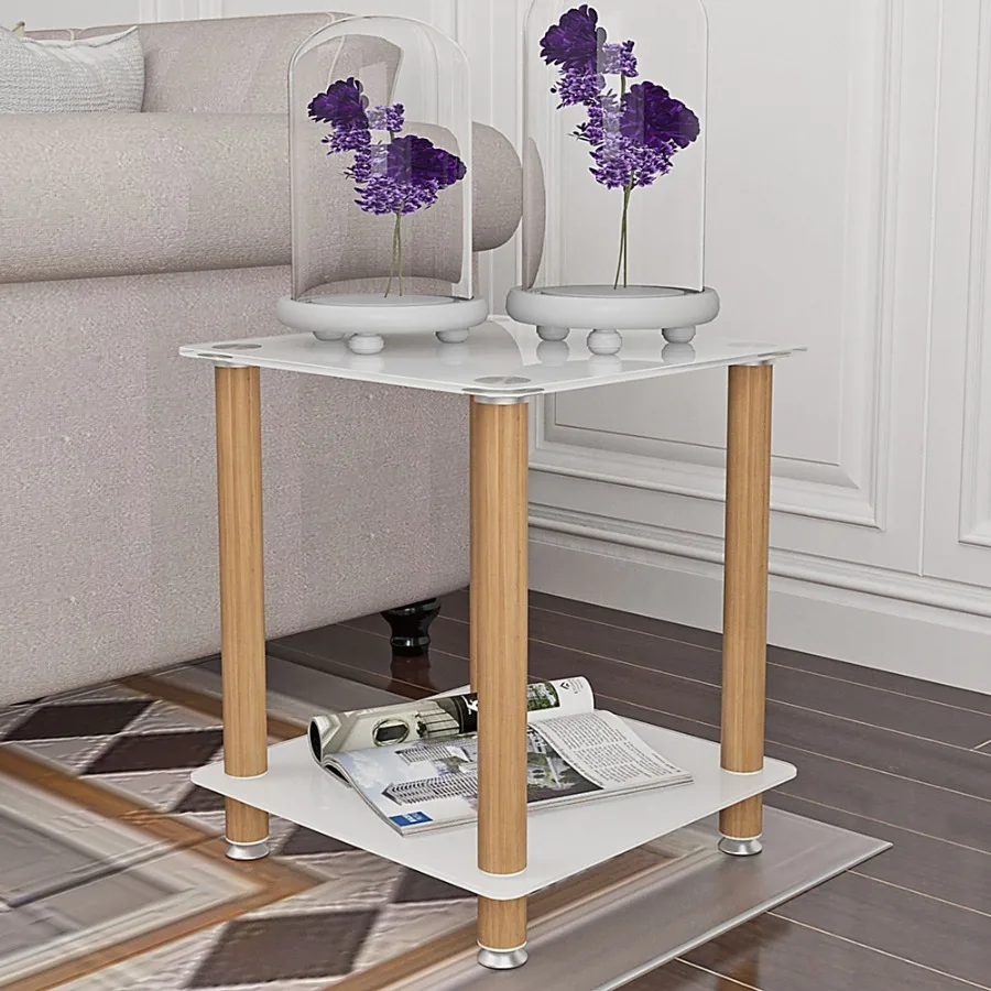 

1Piece White+Oak Side Table 2Tier Space End Table Modern Night Stand Sofa table Side Table with Storage Shelve