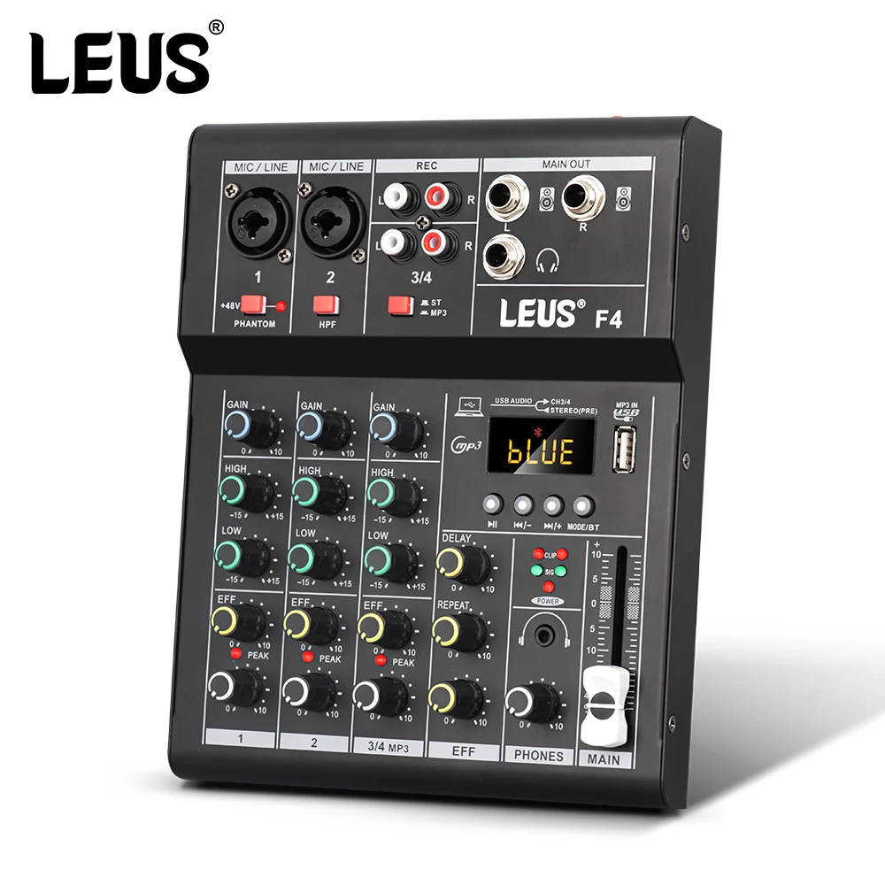 LEUS F4 Mixing Console Audio Interface Bluetooth USB Record PC 48V Phantom Power Delay Repaeat Effect 4 Channels DJ Sound Mixer