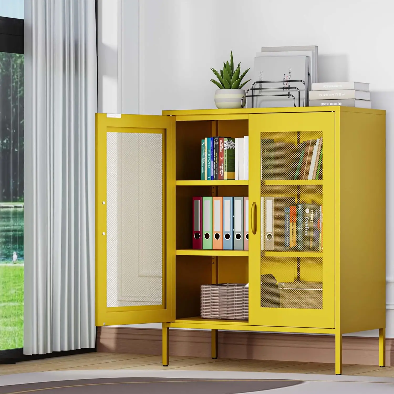 Metal Storage Cabinet with Mesh Doors, Liquor Cabinet with Adjustable Shelves for Kitchen,  Living Room, Home Office, yellow