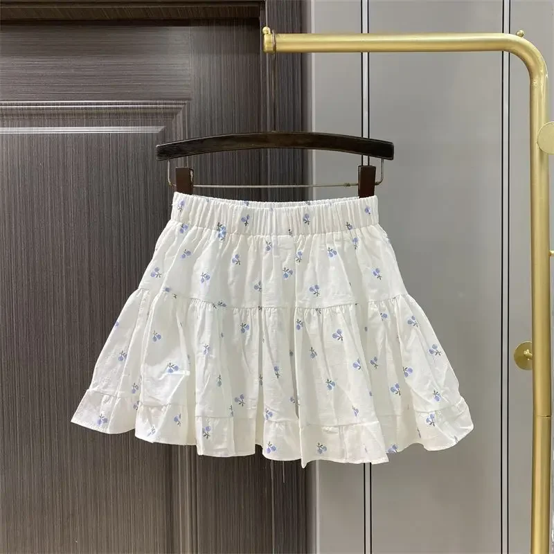 

Women Skirt White Sweet Printing Pleated Mini Skirts 2025 Summer New French Fluffy Cake Skirt Gentle High Waist Clothes
