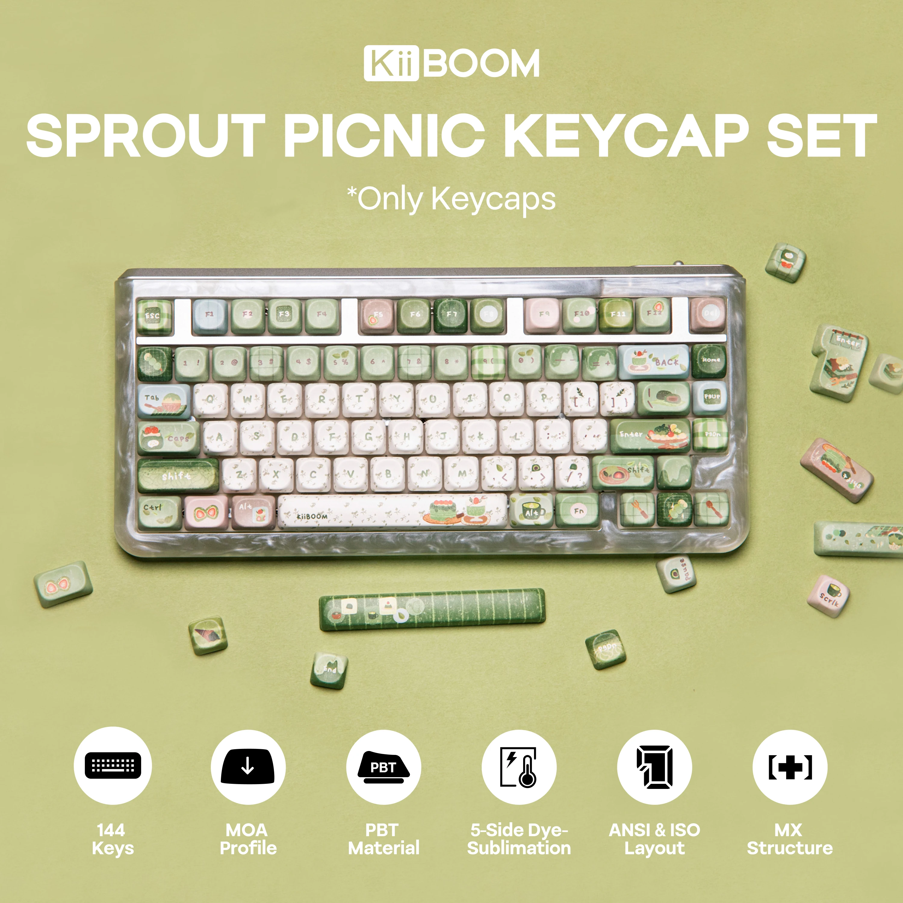 KiiBOOM Sprout Picnic 144 Keys Custom Keycaps MOA Profile 5 Side Dye Sublimation PBT for 60 65 75 TKL Full Gaming Keyboard