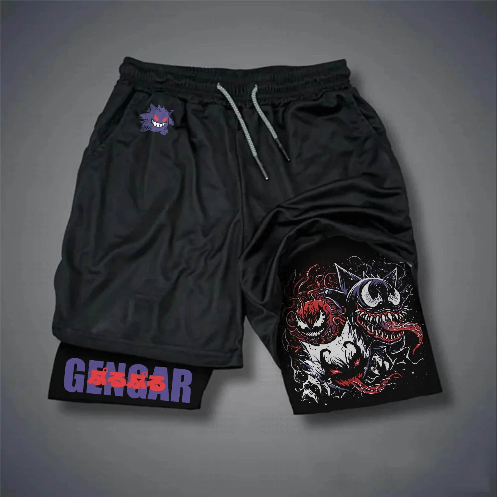 pokemon-gengar-preto-shorts-das-mulheres-dos-homens-2025-verao-horror-anime-calcas-roxo-fantasma-design-cintura-elastica-cordao-japones