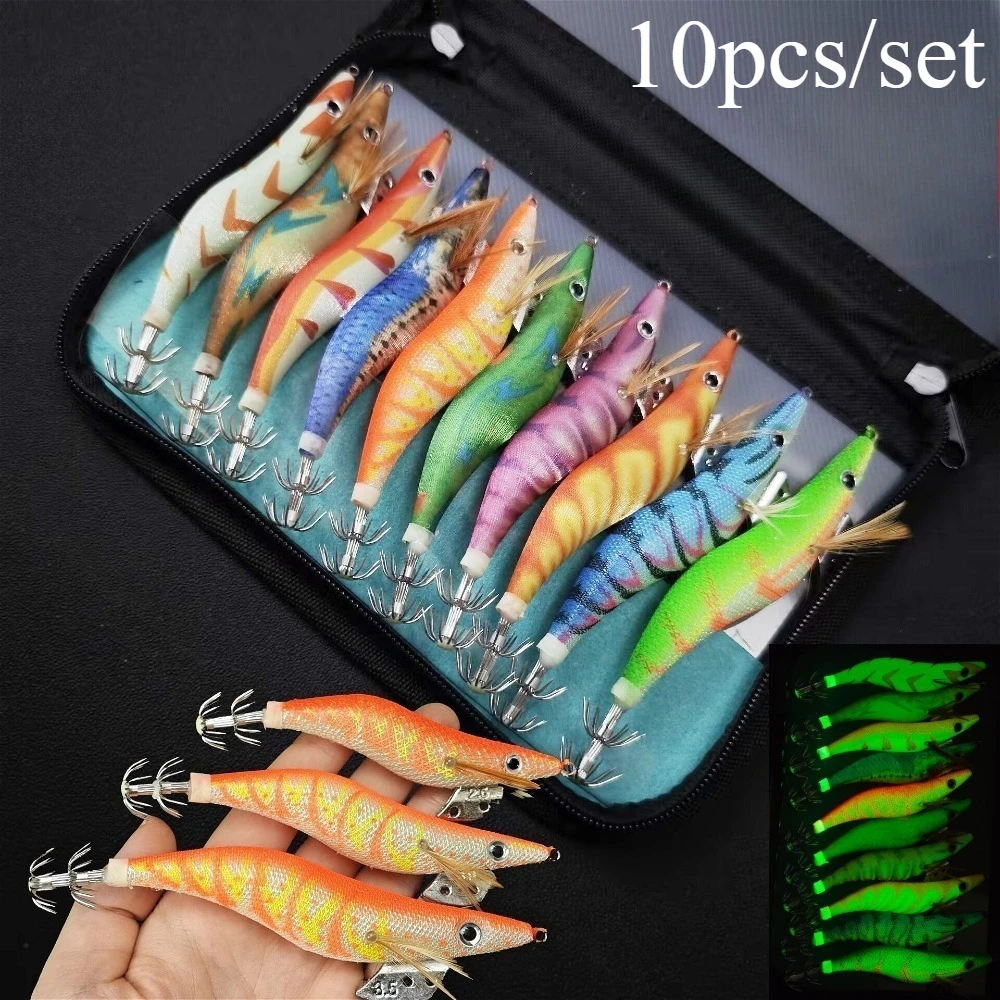 10 teile/satz Glow Garnelen Garnelen Köder Tintenfisch Jig Haken Salzwasser Tintenfisch Angeln Zubehör Holz Garnelen Köder Set Octopus Köder