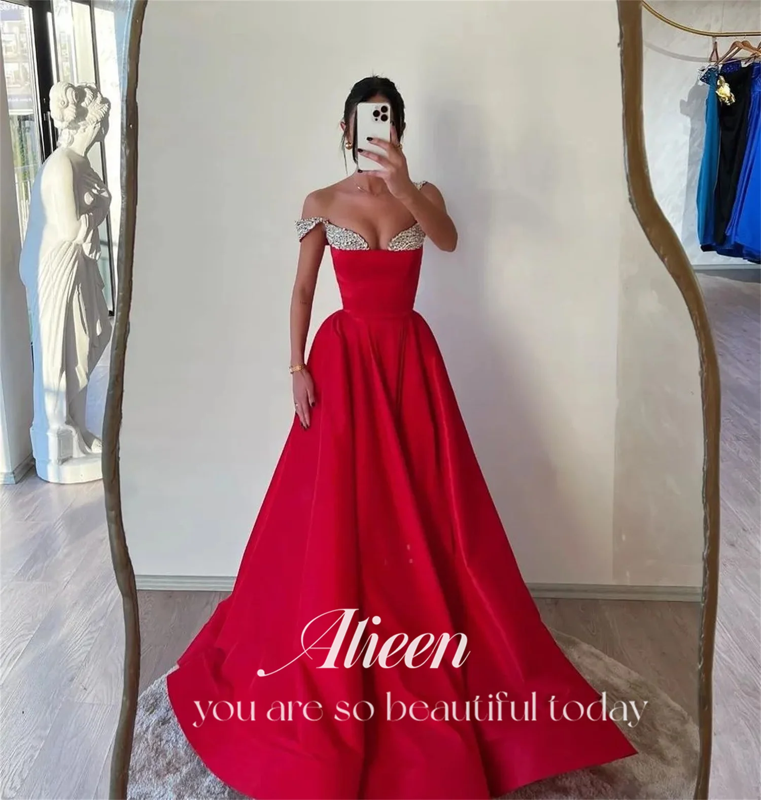 Red Satin A-line Diamond Jewelry Wedding Party Dress Dresses Gala Evening Elegant Woman Prom Graduation Women Luxury customized