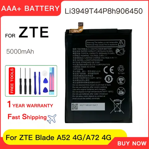 정품 Li3949T44P8h 906450 ZTE Blade A52/A72 4G 교체용 5000mAh 배터리 + 무료 도구 제공