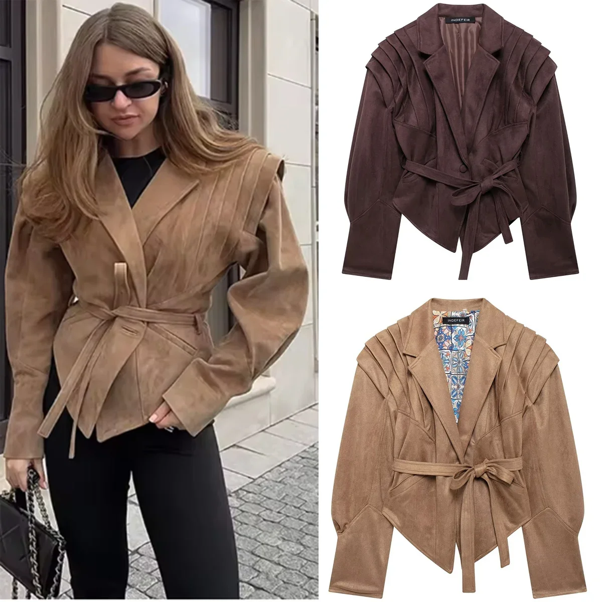 

Vintage Lapel Lace Up Suede Jacket Women's Casual Full Sleeves Lace Up Waist Cinching Short Coat Autumn Office Commute Outwear