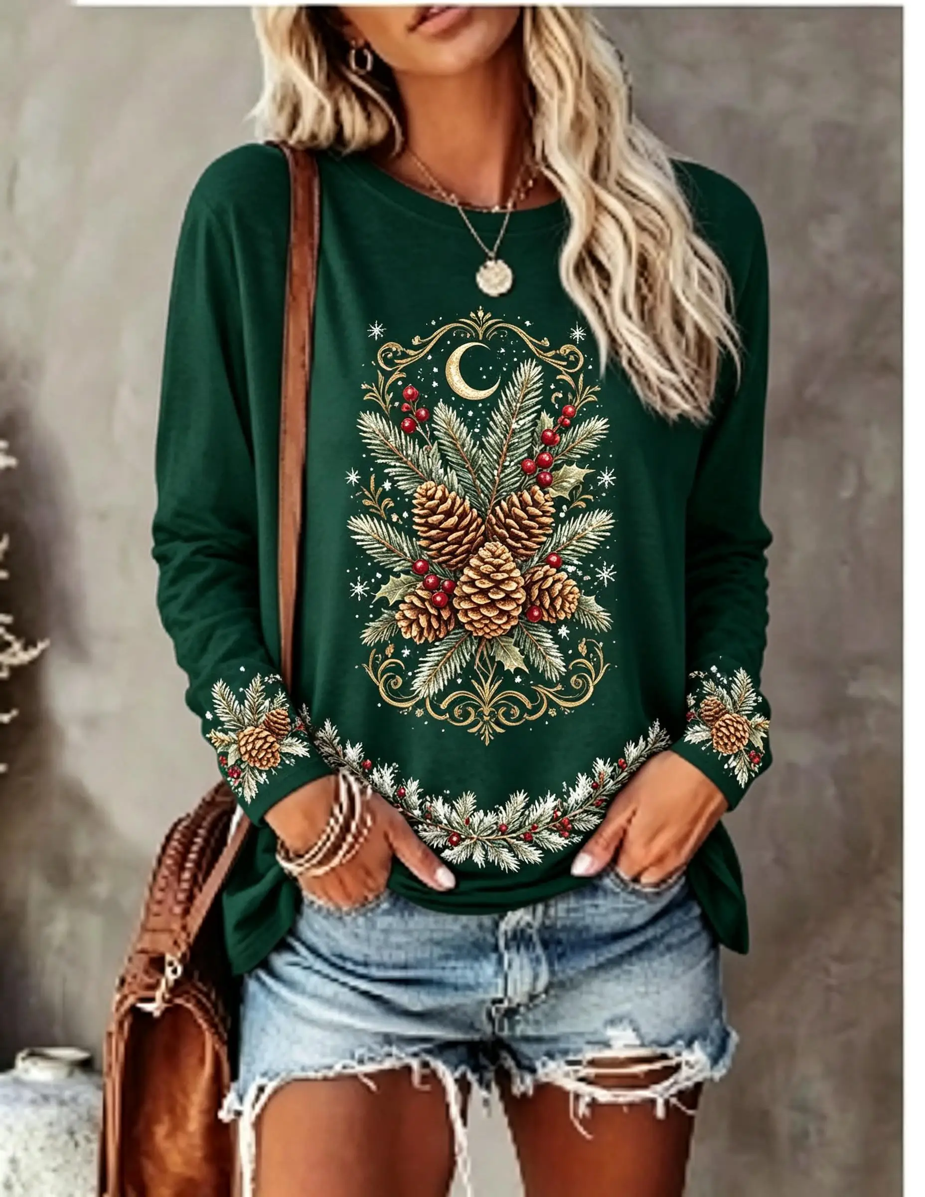 Women Long Sleeve T‑Shirt Christmas Holly Berry Mushroom Moon Pine Branch Retro Botanical Print Crew Neck Winter Tops