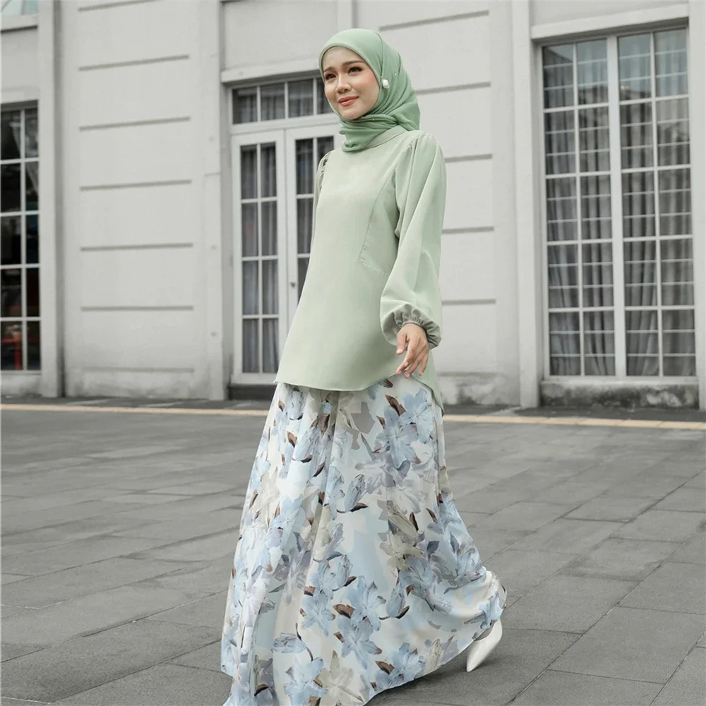 Elegant Muslim Women Floral Print High Waist A-line Skirt Turkey Arab Long Maxi Dress Medium Length Dubai Islamic Skirt Clothing