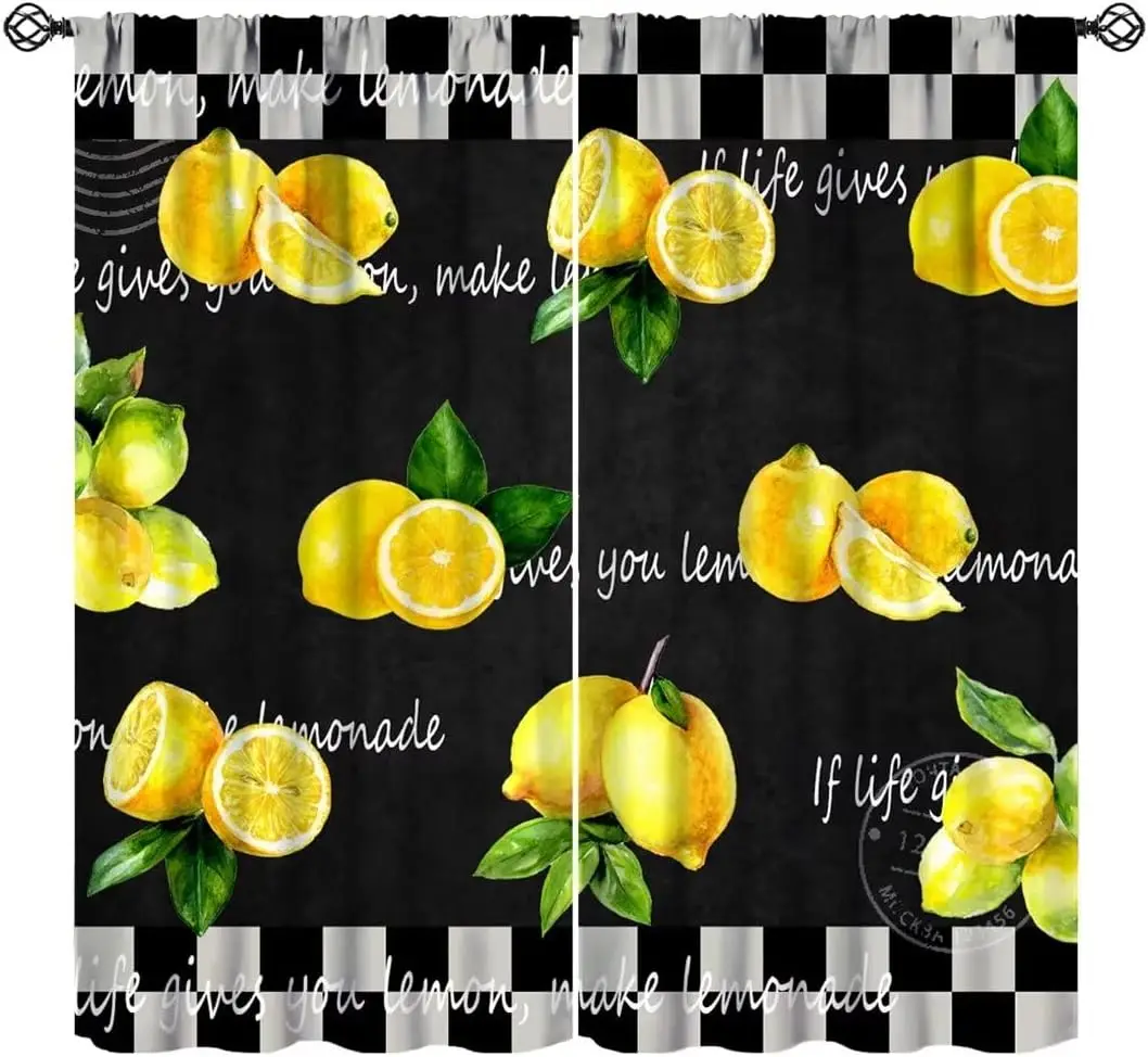 Fresh Lemon Kitchen Curtains, Vintage Black White Buffalo Plaid Rustic Fruit Stamp Print Rod Pocket Window Treatments for Living