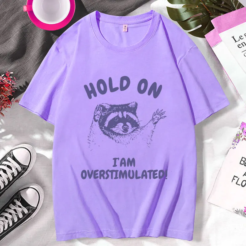 Hold on I\'m Overstimulated Funny T-Shirt Male Cute Cartoon Raccoon Graphic T Shirts Men Women\'s Fashion O-Neck Cotton Tee Shirt