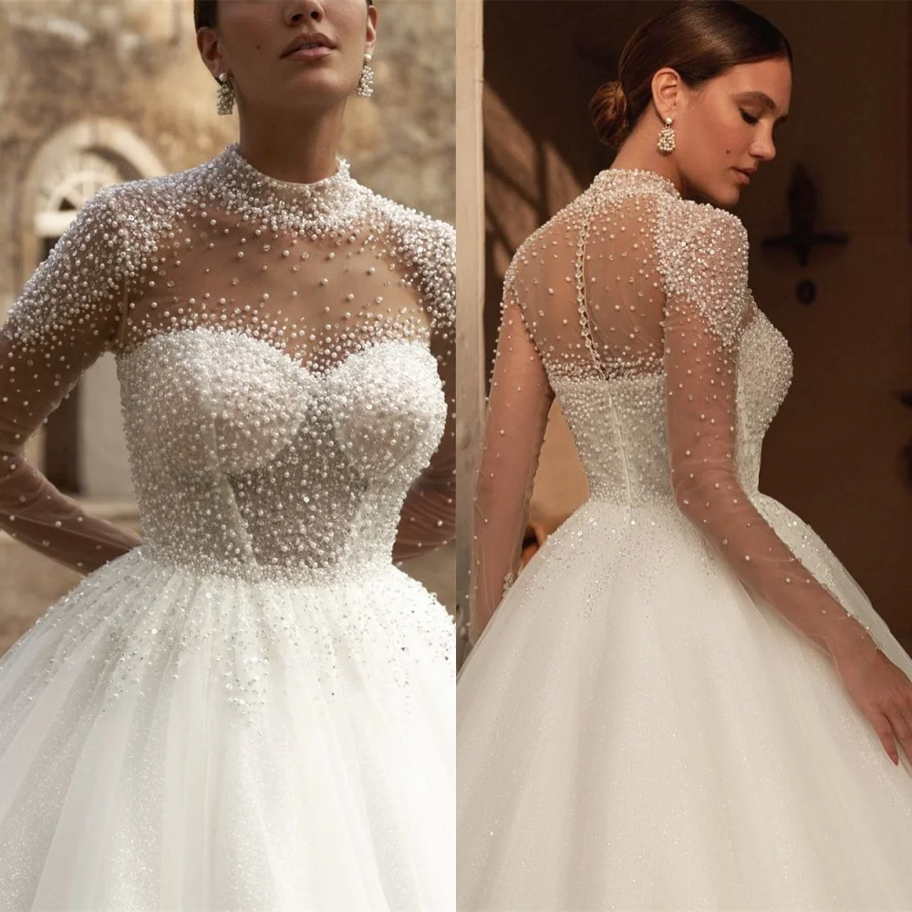 Gaun Pengantin Organza Putih Kustom Gaun Pengantin Lengan Panjang Leher Kru Elegan Gaun Pengantin Kancing Belakang Klasik Vestido De Novia