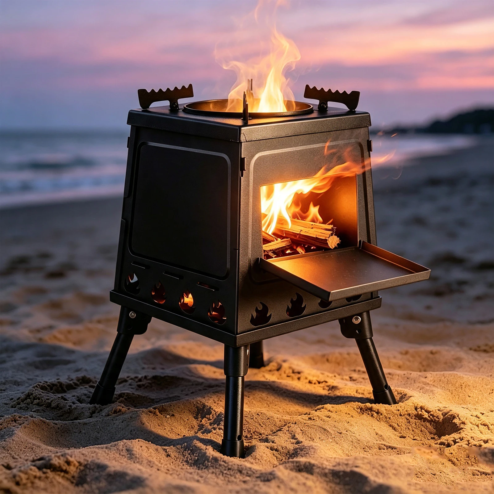 Klappbarer Camping-Holzofen aus Kohlenstoffstahl, tragbarer Outdoor-Überlebensofen mit klappbaren Beinen, verstellbarem Topfhalter zum Kochen, Grillen und Heizen, inklusive Tragetasche