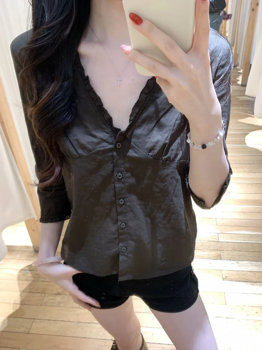 جديد براون القطن رقيقة الفطريات قمصان للنساء واحدة الصدر ثلاثة أرباع الخامس الرقبة البلوزات الحلو خمر بسيط تي شيرت بلوزة