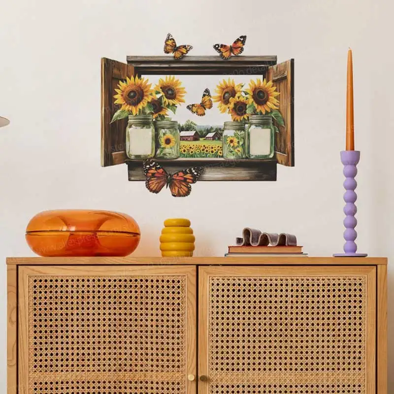 Sunflower Fake Window Wall Stickers Decorative Home Background Beautification for Bedroom Living Room AA135
