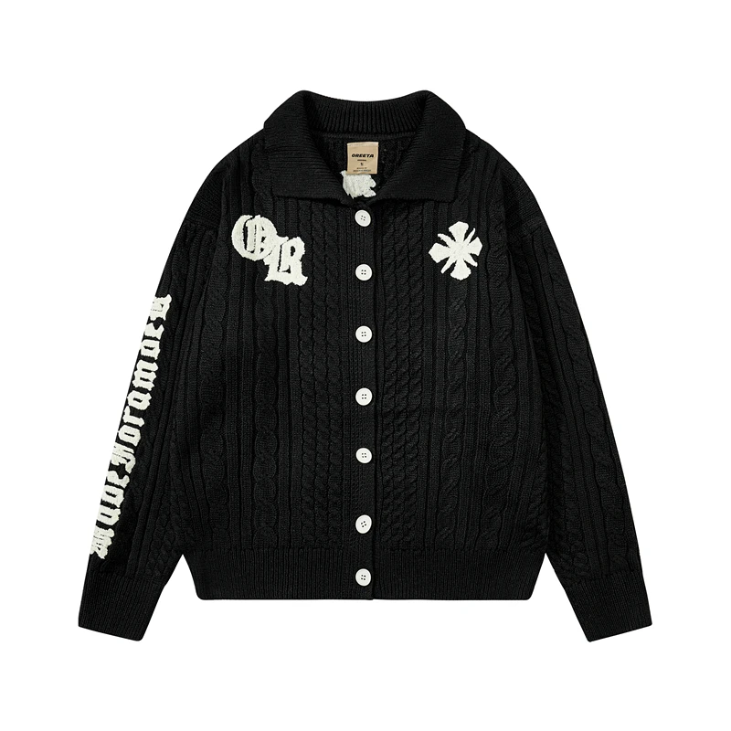

Готический вязаный свитер, кардиган для пары, свободный трикотаж с вышивкой букв, американский ретро-дизайн, повседневная теплая верхняя одежда