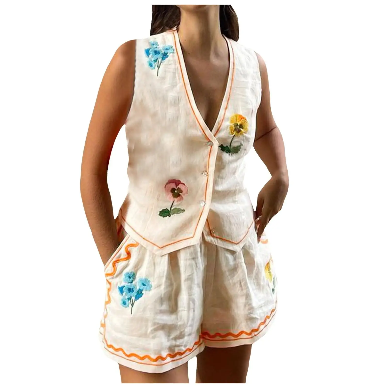 

Vintage 2026 Summer Short Sets Floral Embroidery Woman 2 Piece Outfits V Neck Sleeveless Buttons Vest Top + Short Pants Suit