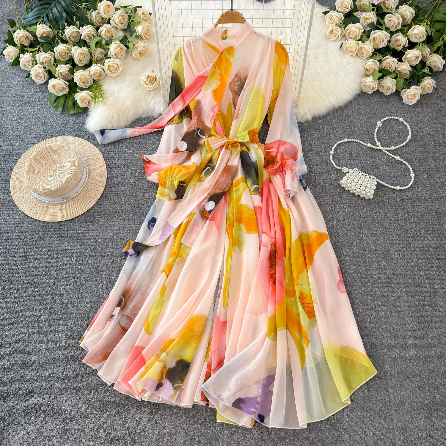 Clothland Women Vintage Floral Chiffon Maxi Dress Bow Tie Sashes Long Sleeve One Piece Chic Long Dresses Vestido QD789