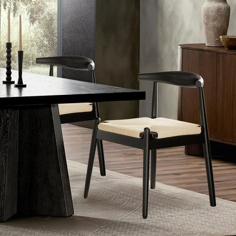 Set of 2 Weave Dining Chairs, Mid-Century Modern Kitchen Chairs with Solid Oak Frame & Handwoven Seat for Living & Dining Room