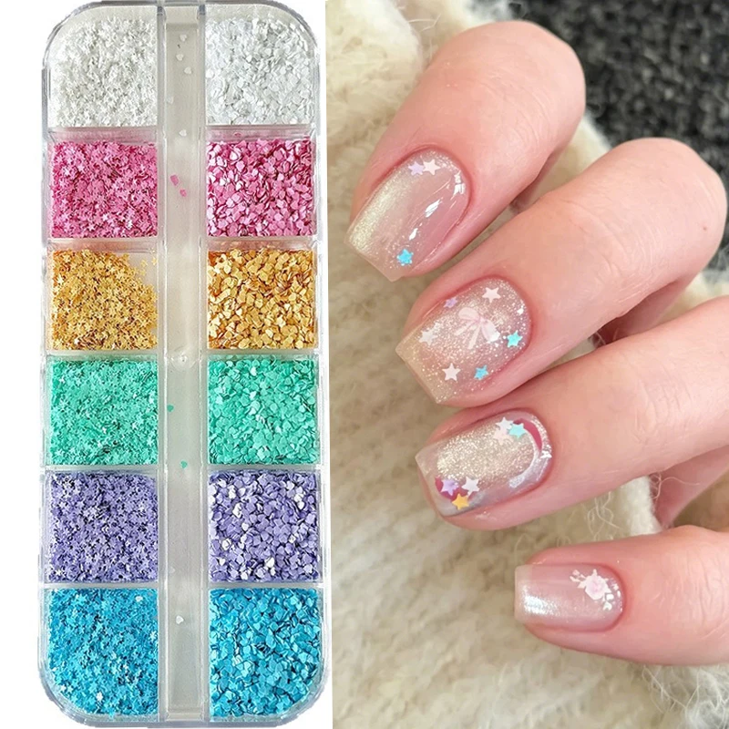 12grids Macaron Candy Color Mini Star & Heart Nail Sequins 1mm Cute Love Heart Nail Slices Charms Kawaii Nail Art Decoration ^k3