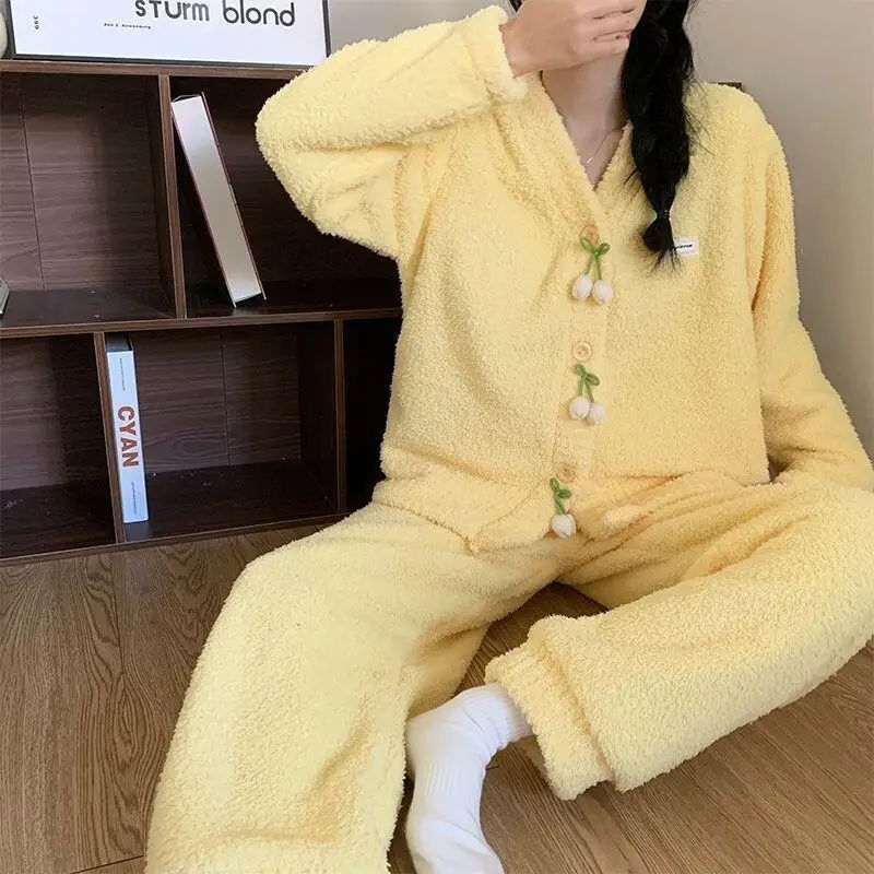 Модная домашняя одежда, полуфланелевая одежда для сна для женщин, пижамный комплект, бархатный утепленный коралловый бархат с милым цветком, домашний костюм, пижамные комплекты