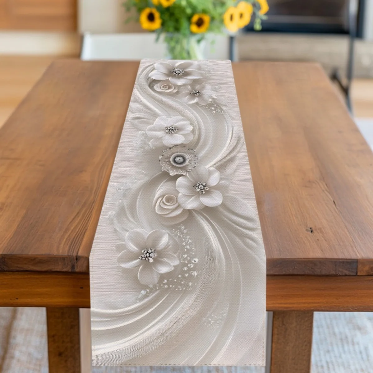 White 3D Rhinestone Table Runner 1