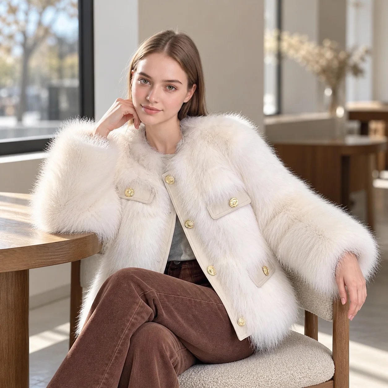 No Hood Patchwork Coat Regular Length British Style with Round Neck Elegant Commuter Sweet and Fresh Women Winter Jacket