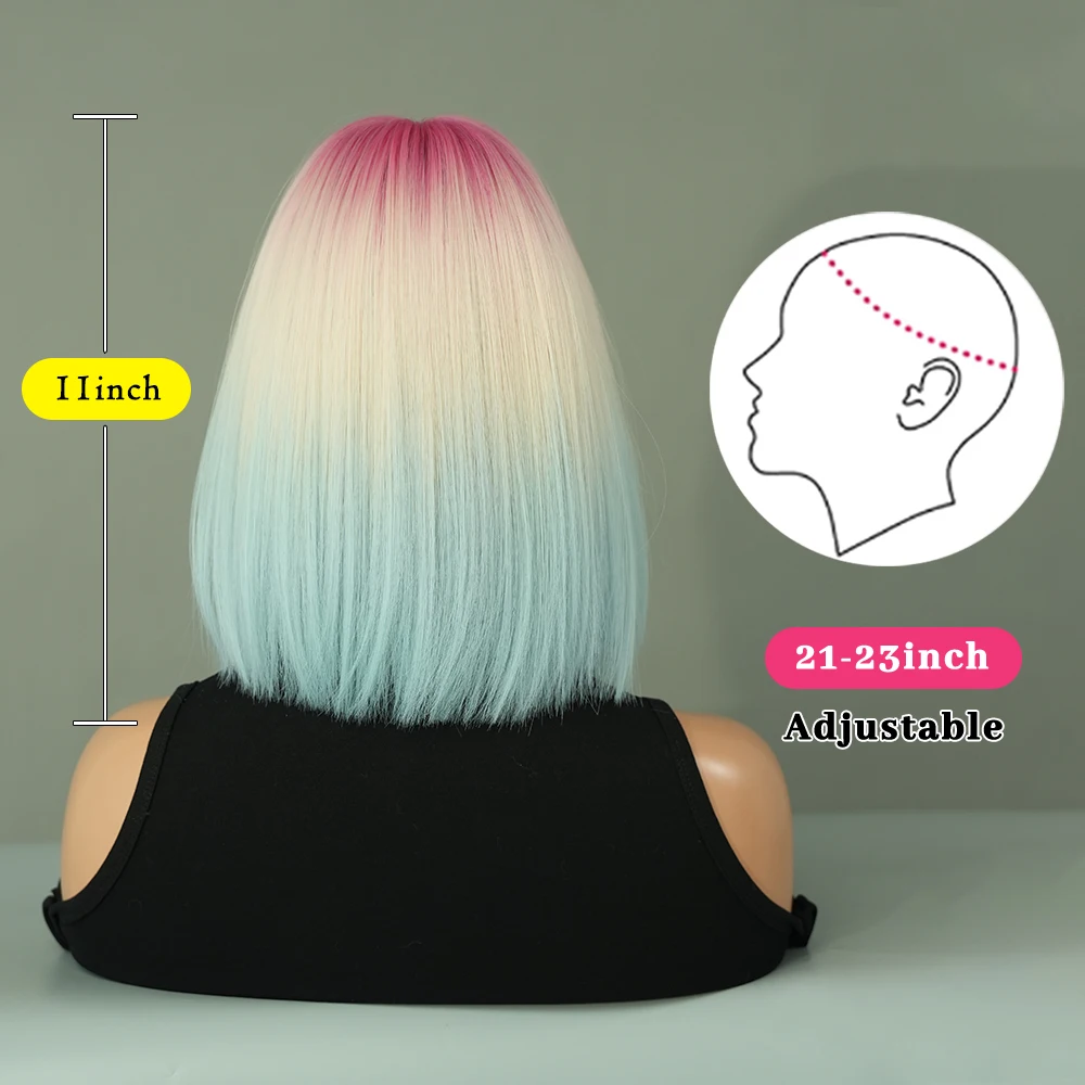 PARK YUN Short Straight Pink Gradient Blue Wigs With Bangs Natural Synthetic Hair Wig for Women Daily Cosplay Lolita Party Wig