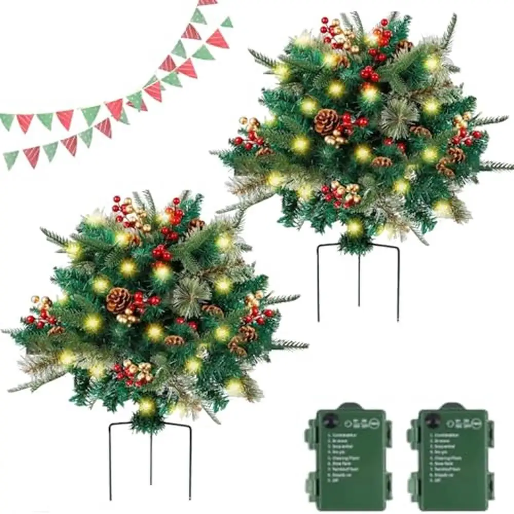 Outdoor Pre Lit Christmas Planter Filler Bushes with LED Lights and Timer Artificial Pine Leaves Berries and Cones Holiday Decor