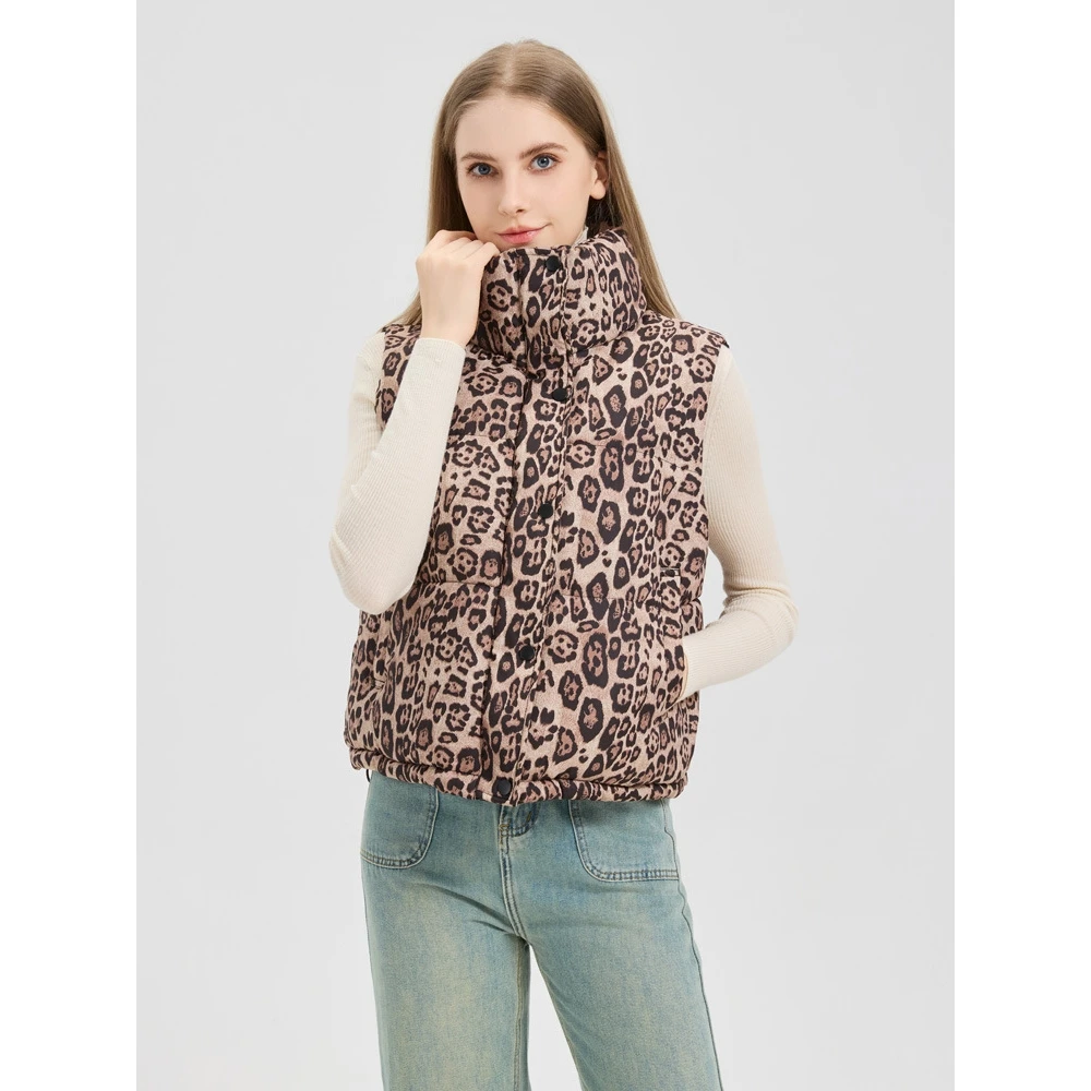 

Новый женский осенне-зимний трансграничный жилет с леопардовым принтом на пуху, хлопковый жилет с застежкой-молнией и воротником-стойкой, моющийся