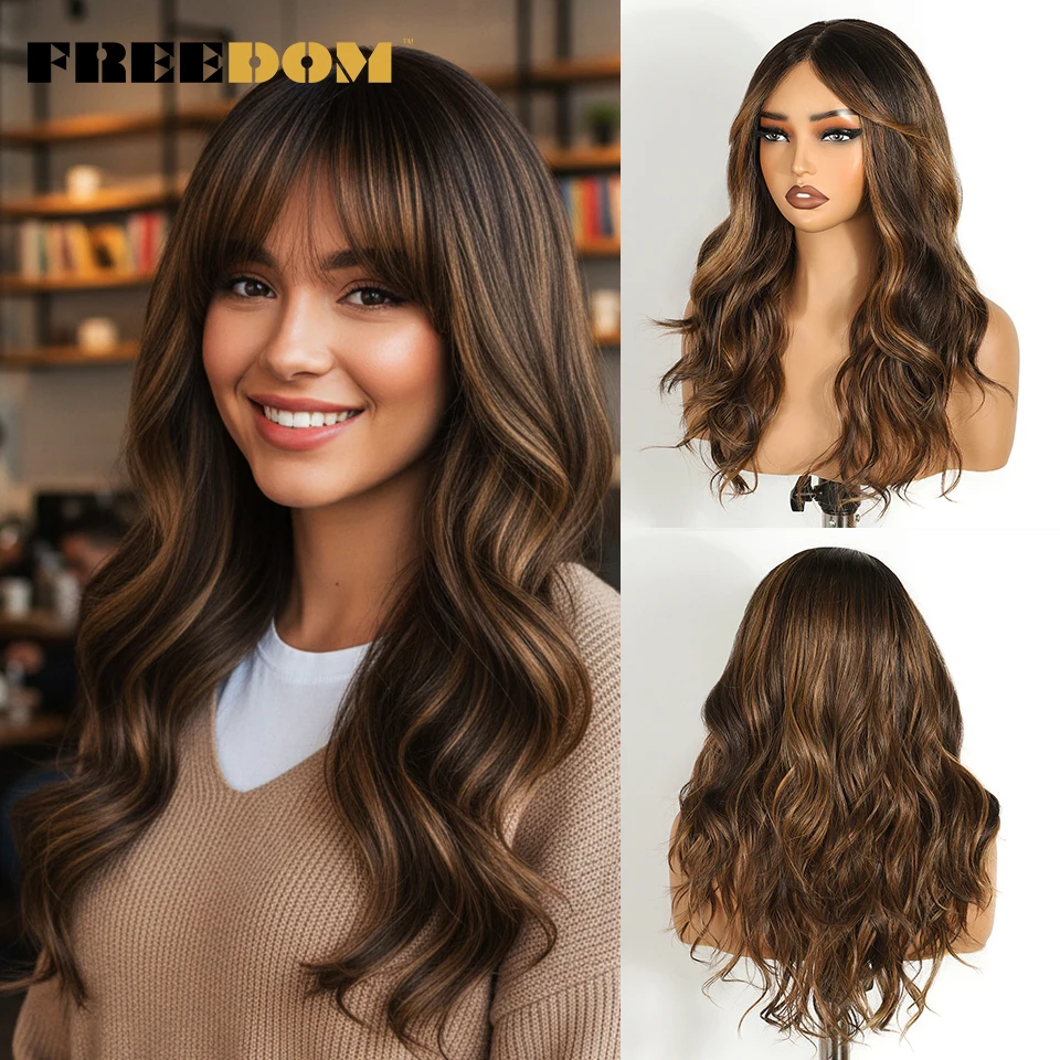 

FREEDOM Synthetic Lace Front Wigs For Black Women 20" Ombre Brown Body Wave 6x4 Lace Wig With Bangs Heat Resistant Cosplay Wig