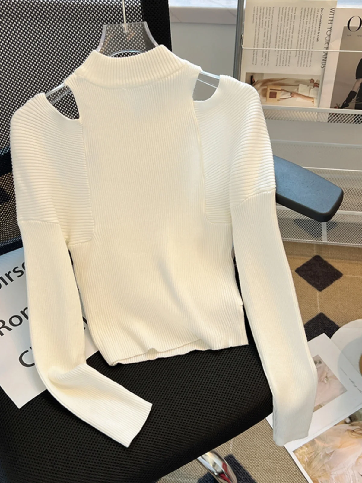 ربيع الخريف oulder Bared المرأة محبوك سترة سستة f عالية طوق قاعدة طبقة العصرية طويلة Sve انبعاث الدفء #4