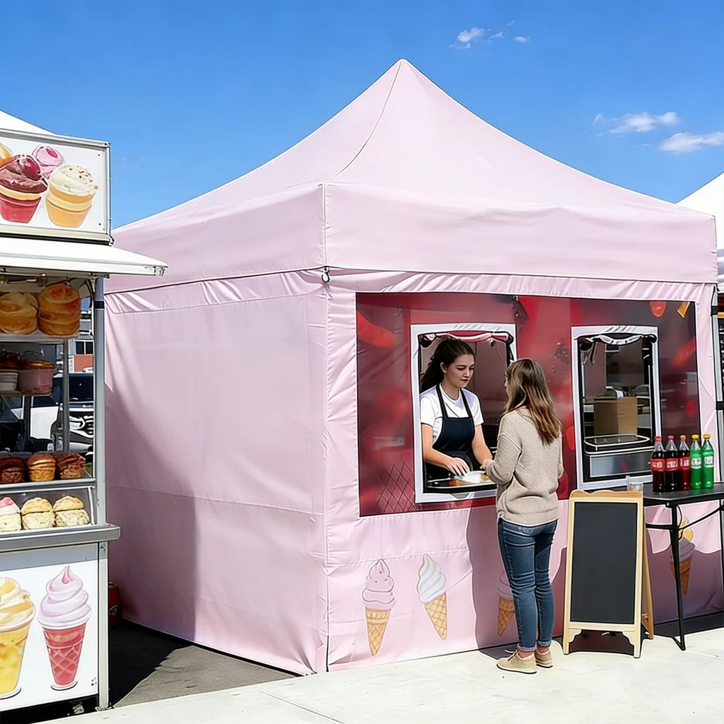 Food Stall Tent Custom Printed 10x10 Pop up Canopy Tent for Outdoor Market Branded Ice Cream Booth Tent with Full Wall Graphics