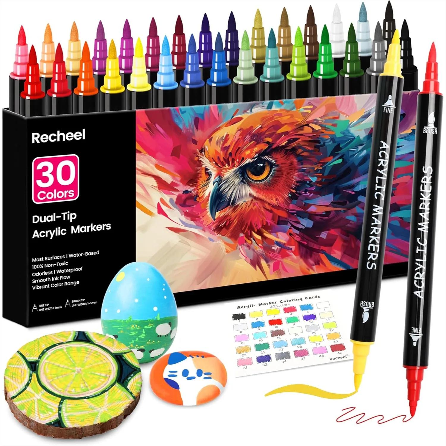 

30 Colors Acrylic Paint Markers, Dual Tip Fine and Brush for Detailed Art, Crafting, Rock Painting, Wood, Glass, Ceramic