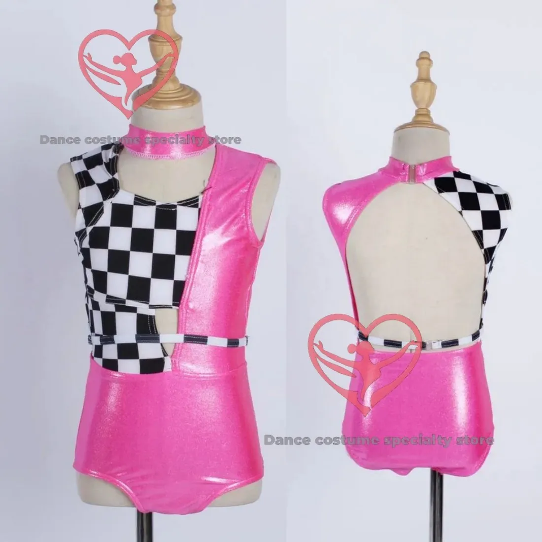 pink-foil-dance-leotard-black-and-white-checkered-dance-leotard-stretch-practice-and-stage-performance-dance-costume