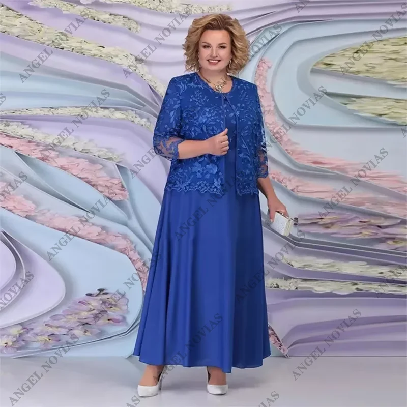 

Customized Plus Size Blue Mother of the Bride Dresses with Jacket A-line Wedding Guest Dress Lace Party Vestido Madre Novia