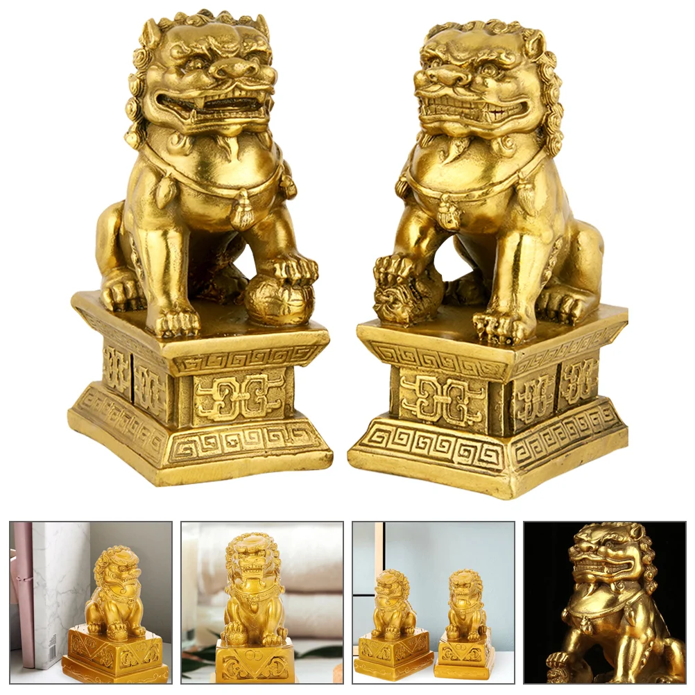 2 Pcs Desktop Lion Adornment Resin Decor Statues Home Shape Metal Tree Topper Tabletop Ornament Garden Office