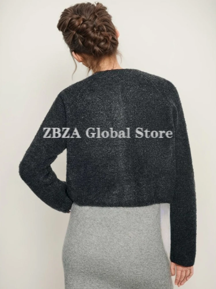 ZBZA damski sweter w stylu vintage z dzianiny Solid Długi rękaw Okrągły dekolt Jednorzędowy Kieszenie naszywane Streetwear Krótki sweter Kurtka