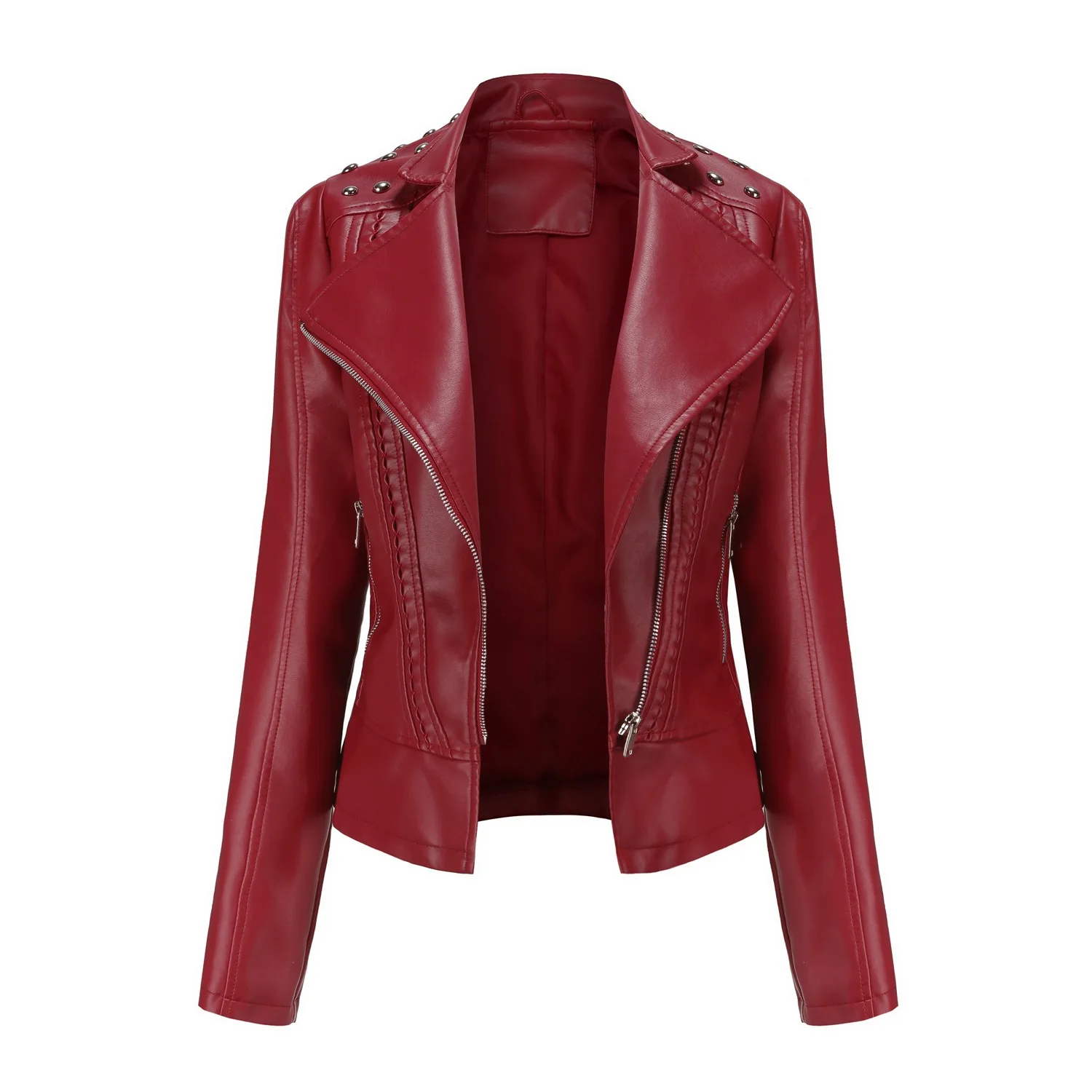 Damska kurtka skórzana Punk Rivet Wiosna Jesień Retro Kołnierz Turndown Slim Casual Ladies Faux Soft Leather Moto Biker Odzież wierzchnia
