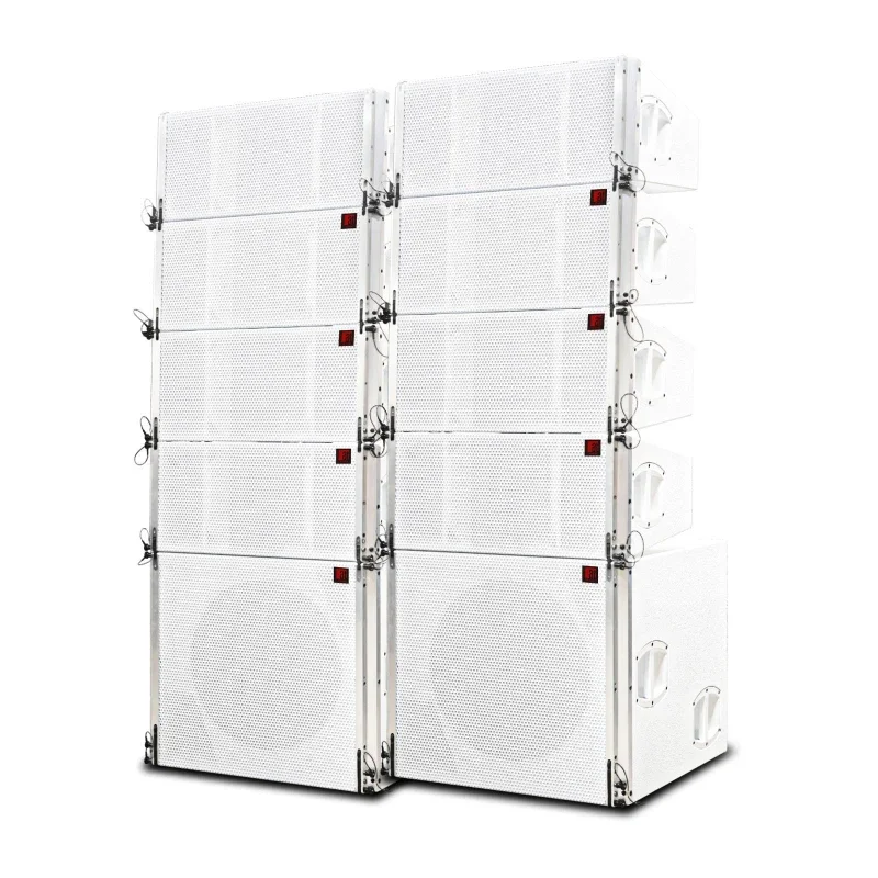 White professional audio system with three-way line array sound for large stage speakers exclusively for wedding halls