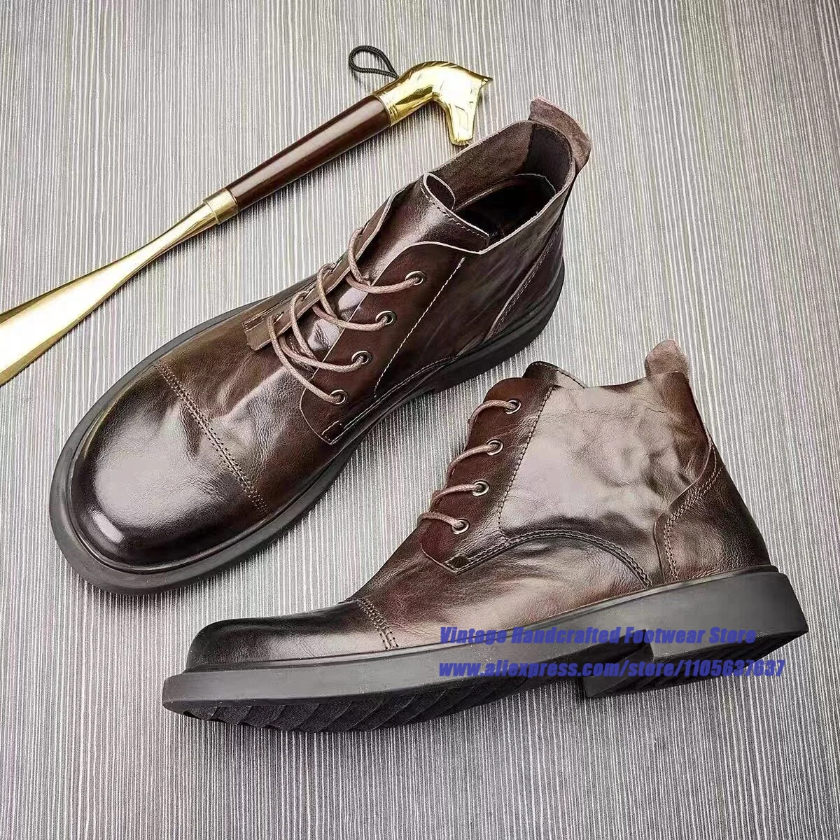 Black Leather Thick-Soled Men's Boots British Style Round Toe Soft Leather Lace-Up Booties Vintage Handcrafted Men's Shoes